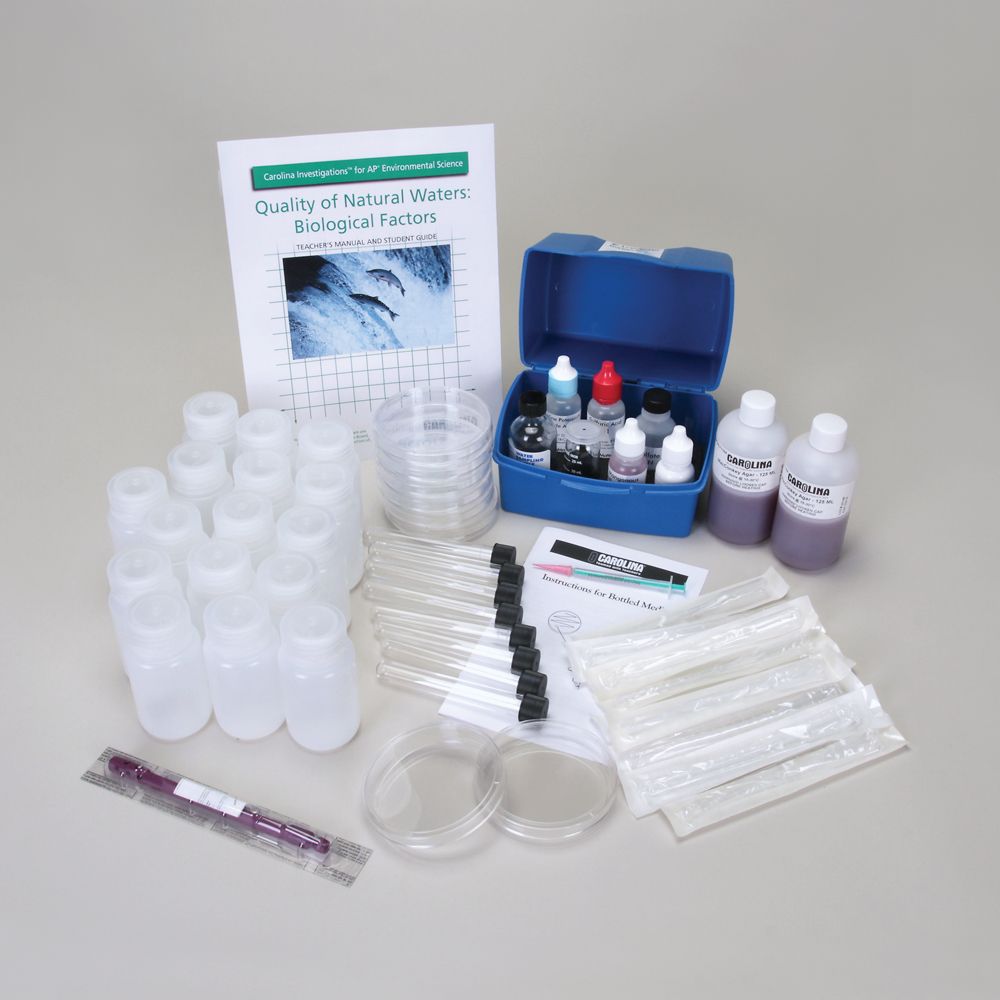 Dissolved Oxygen Water Quality Test Kit, water thermometer, collection bottles and tubes, and other materials needed to test water quality