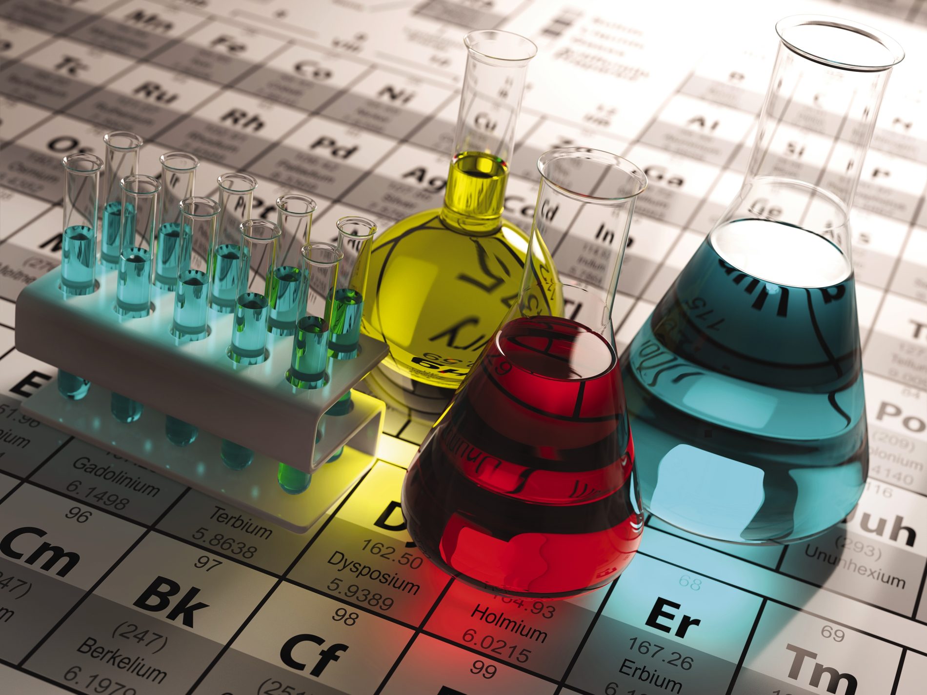 Chemical glassware on a periodic table
