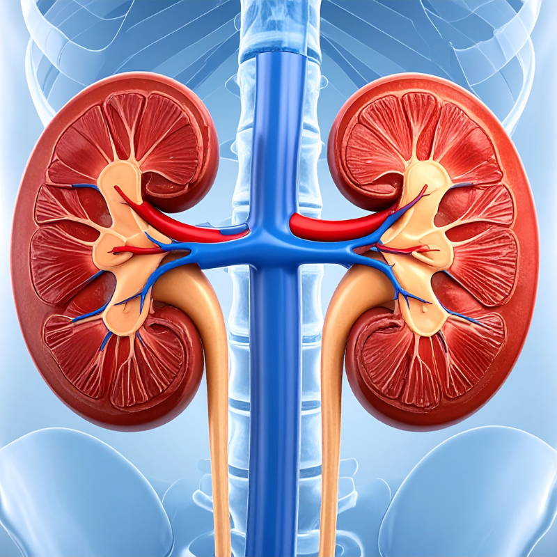 Illustration of human kidneys and urinary tract.