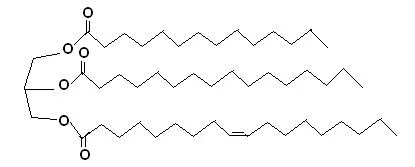 Figure 3 Typical butterfat triglyceride, composed of myristic, palmitic, and oleic acids.